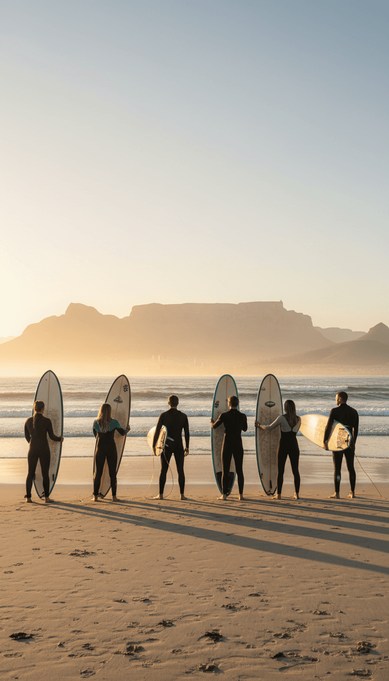 Surf camp group ready for session with Table Mountain backdrop