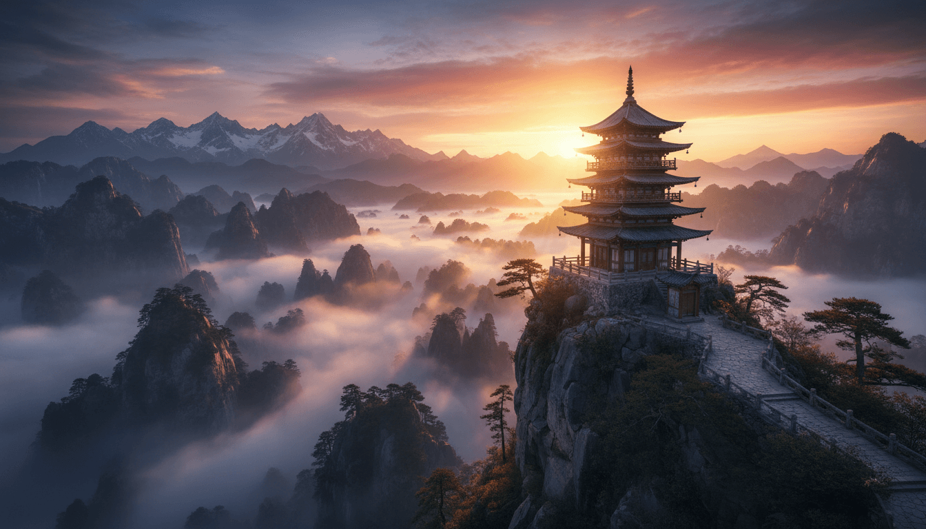 Ancient Chinese pagoda on mountain overlooking misty landscape at sunset