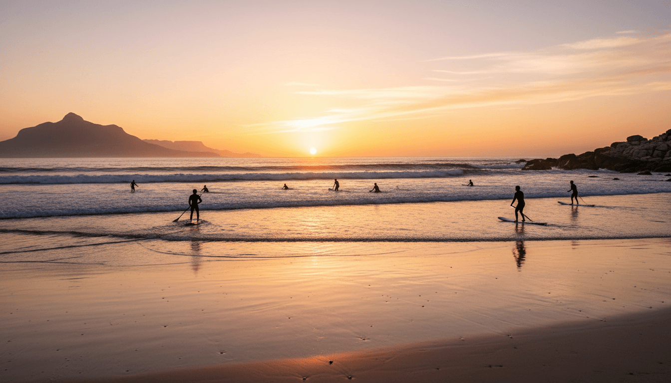 Group of surfers paddling out at sunrise on a scenic Cape Town beach with golden morning light