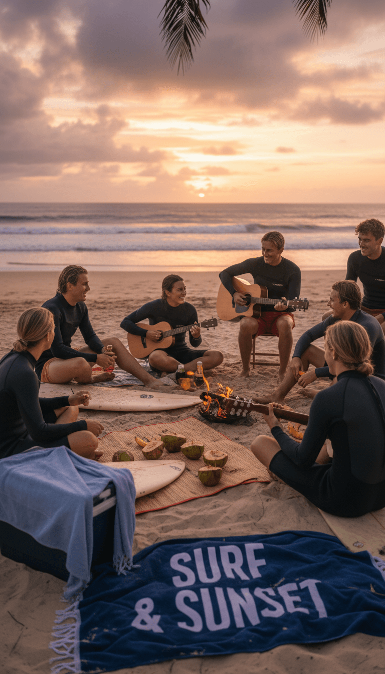 Group relaxing together after a surf session