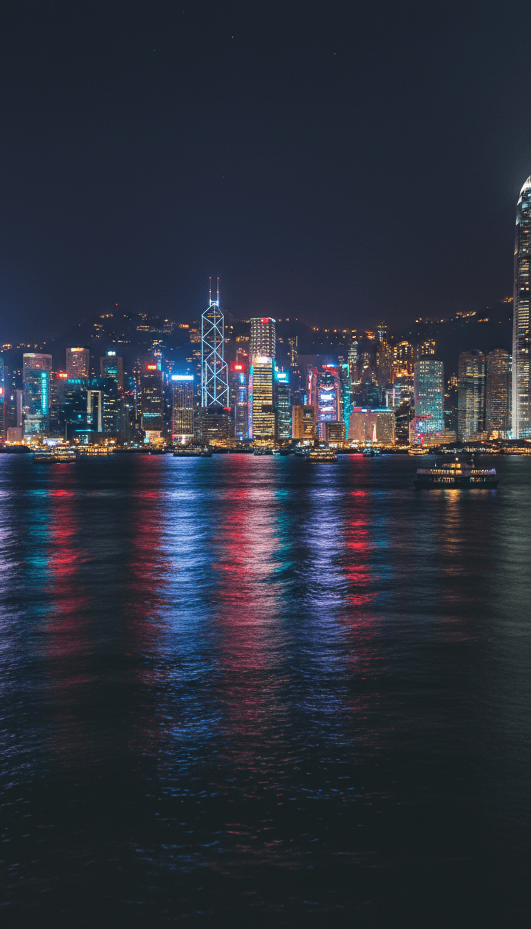 hong kong skyline at night with neon lights reflecting on the water