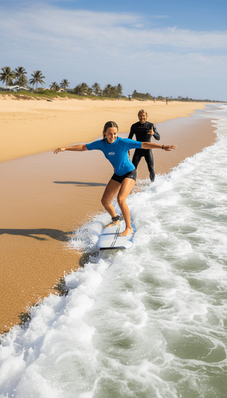 Beginner surfer catching their first wave with instructor support