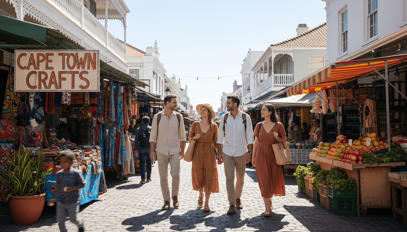 A fresh, vibrant lifestyle aesthetic wide shot of travelers walking through a colorful Cape Town street market