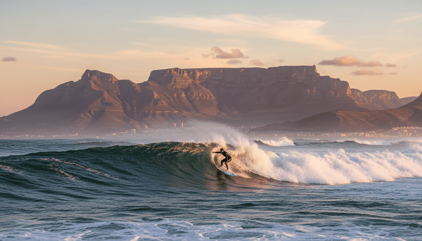 Aerial view of Cape Town's coastline at golden hour with Table Mountain and turquoise waters