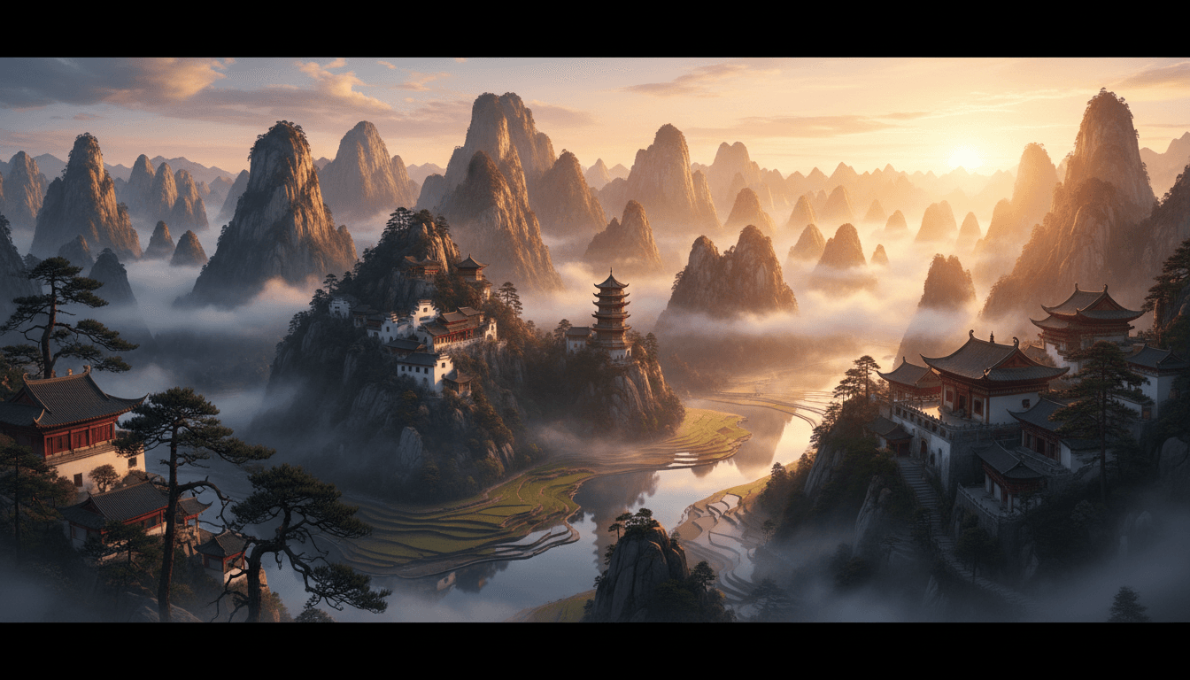 Majestic Chinese mountain landscape with traditional pagoda at golden hour