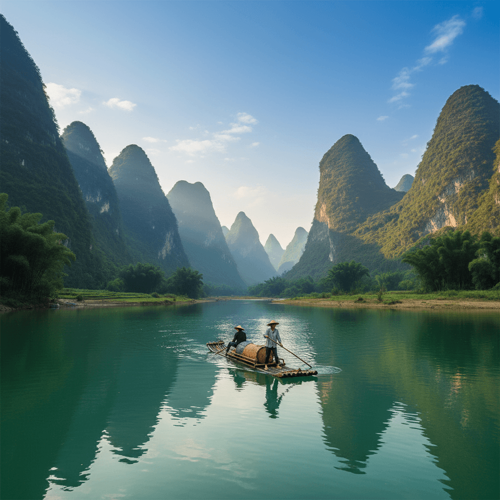 Bamboo raft on a serene Li River with karst mountains in Yangshuo, China.