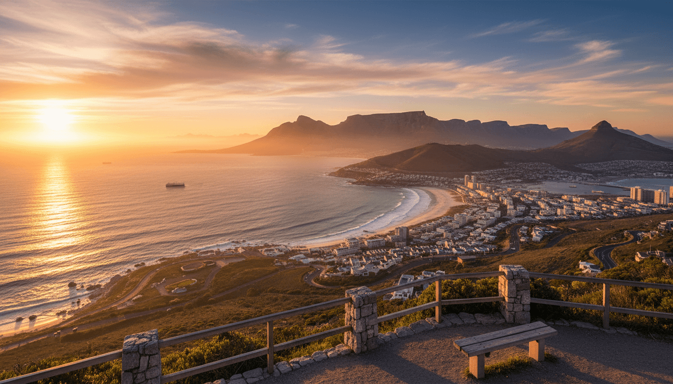 Panoramic view of Cape Town's coastline with Table Mountain and the Atlantic Ocean