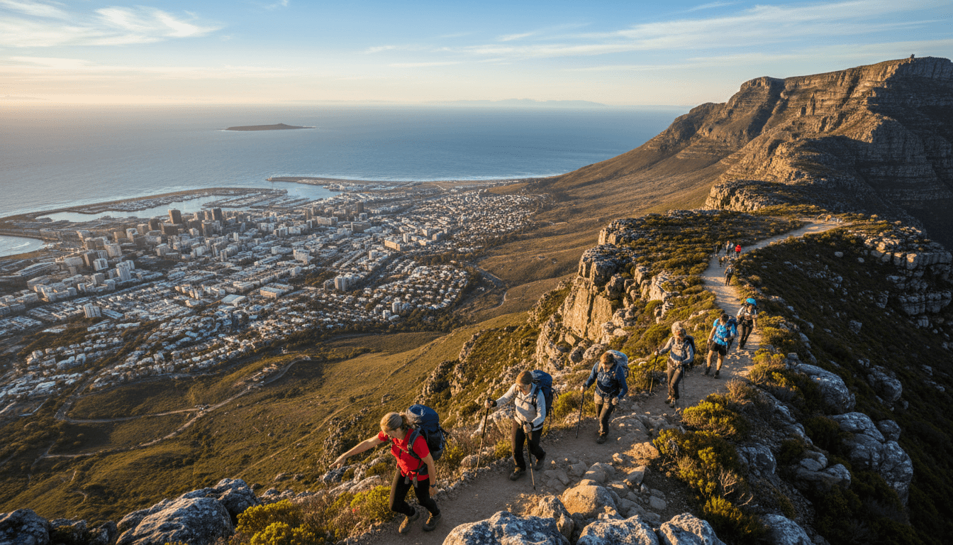 Hikers on Table Mountain with Cape Town landscape views