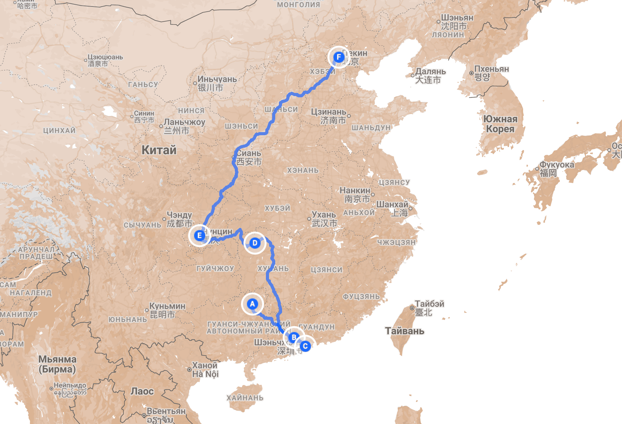 Map of China showing a blue travel route connecting six points from south to north.