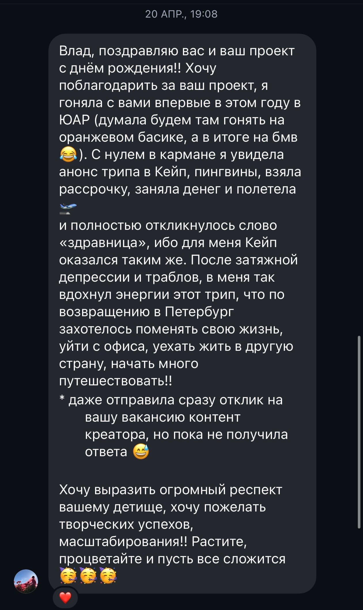 Russian direct message thanking a project creator for an inspiring travel experience in South Africa.