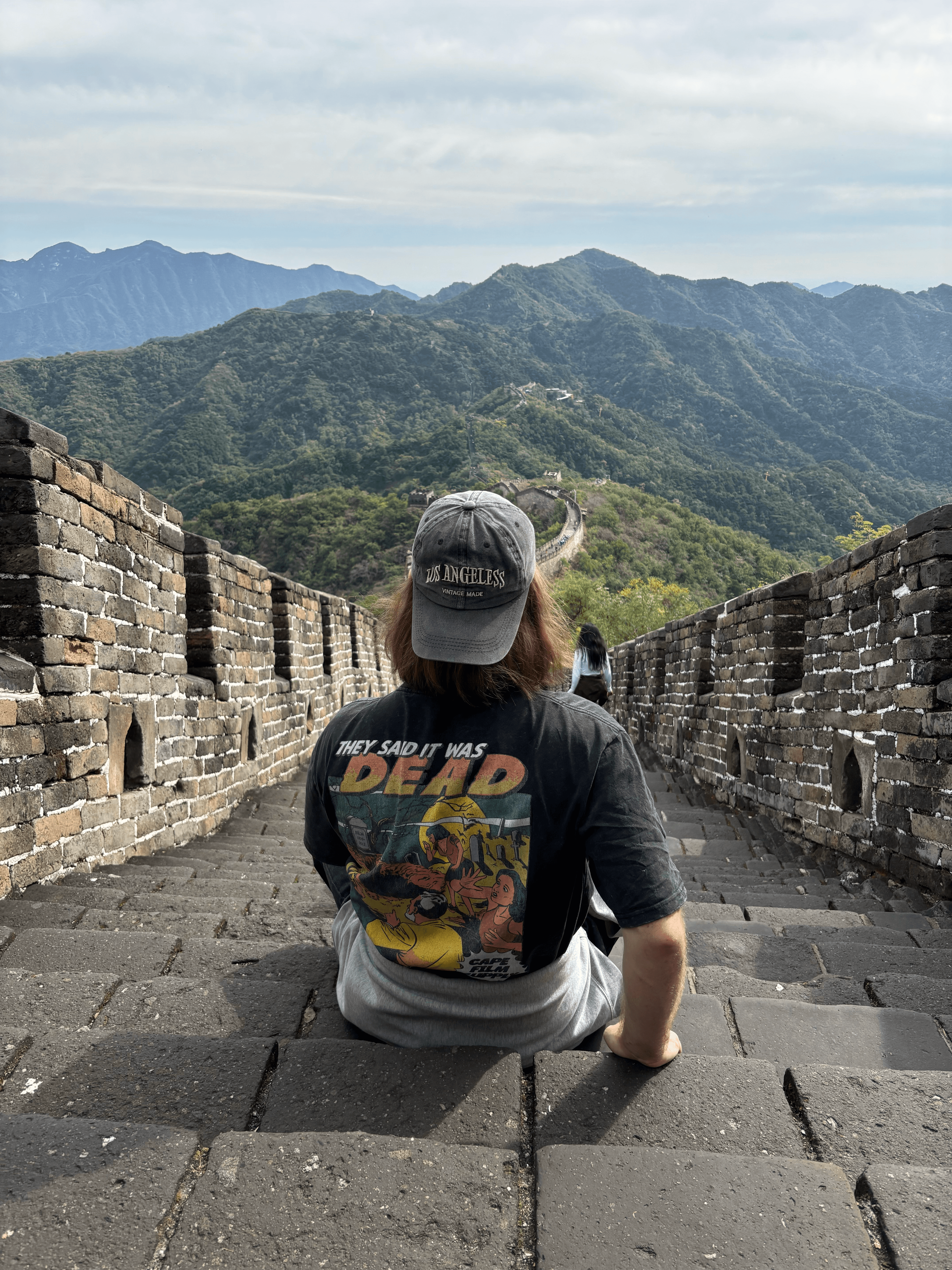 Person sitting on stone steps of the Great Wall of China overlooking lush green mountains.
